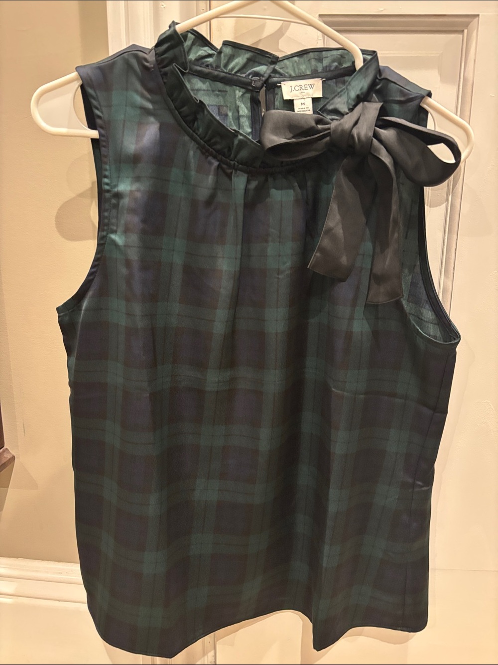J. Crew Black Watch Plaid Sleeveless Bow-Neck Top - Green and Black